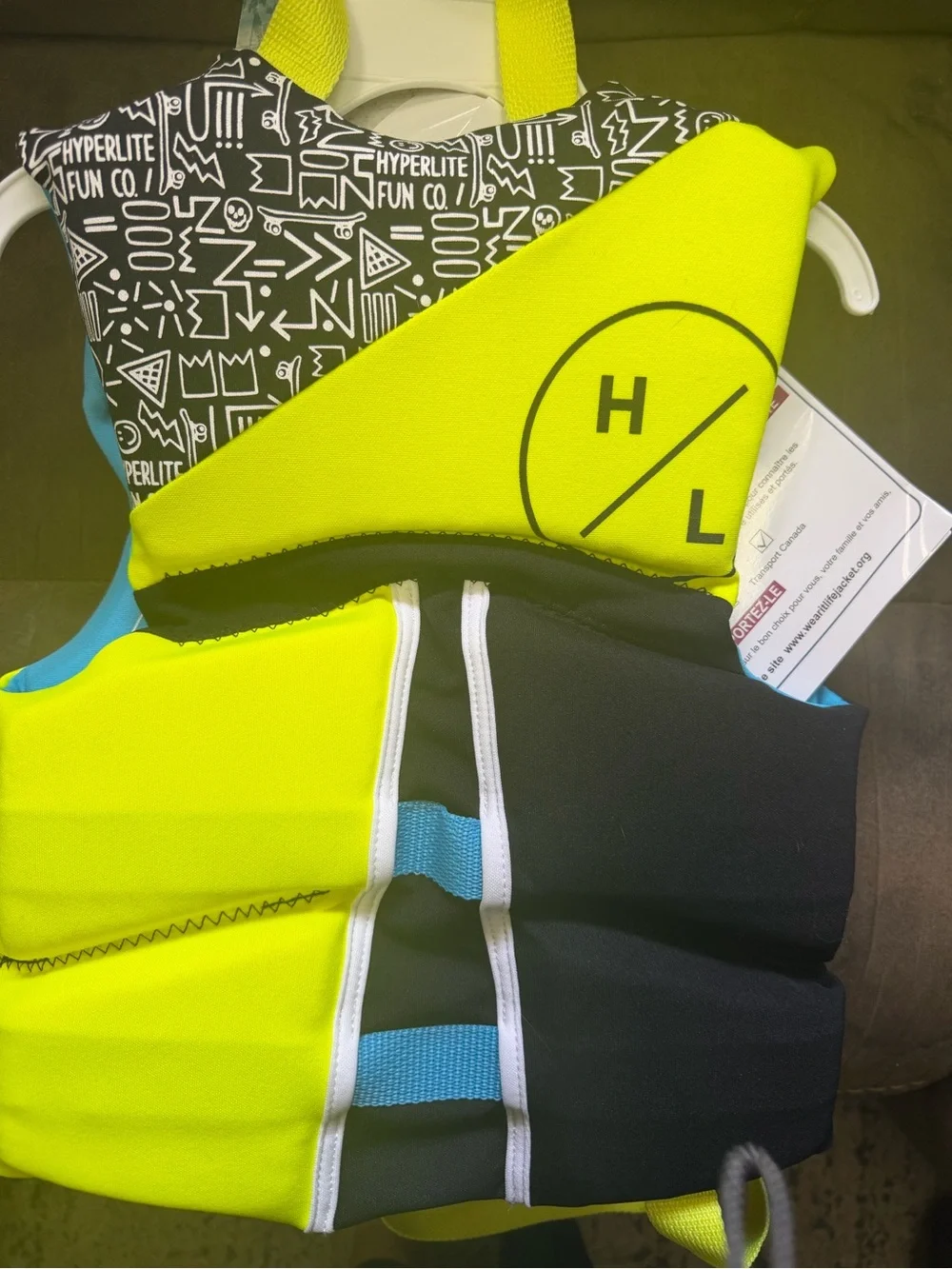 Hyperlite Kids Neon Yellow Life Vest with Blue Straps